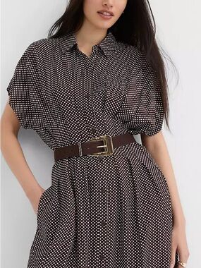 Pindot pleated Polka Dot Button-Front pleated Midi dress with pockets